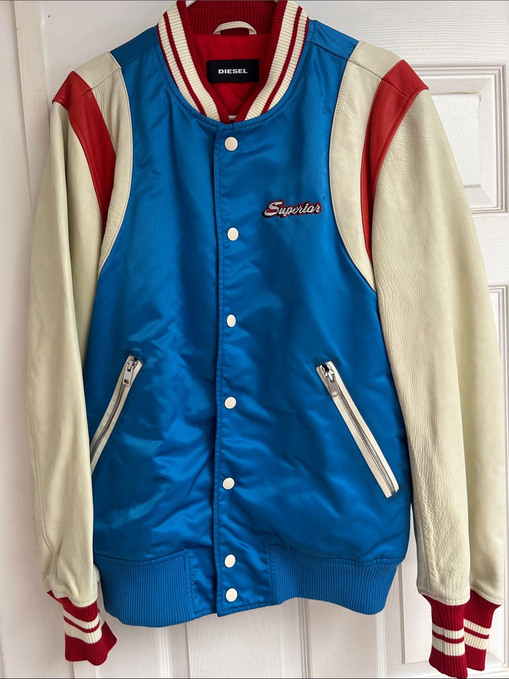 Diesel Blue Satin Jacket with Cream Leather Sleeves and Red Accents
